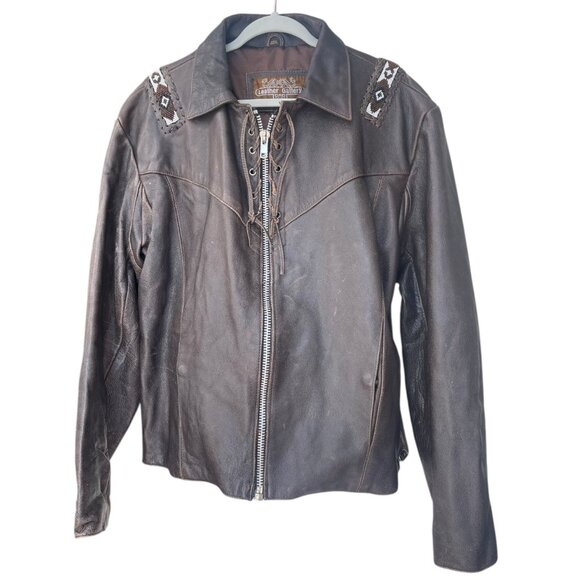 Vtg. Men's Leather Gallery Western Native Boho Lace-up Jacket Brown Beaded Rare - Picture 1 of 15